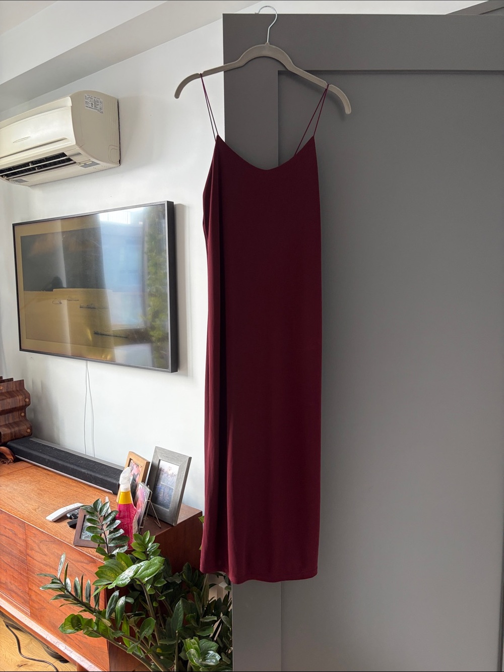 Zara Wine Red Midi Slip Dress with Spaghetti Straps
